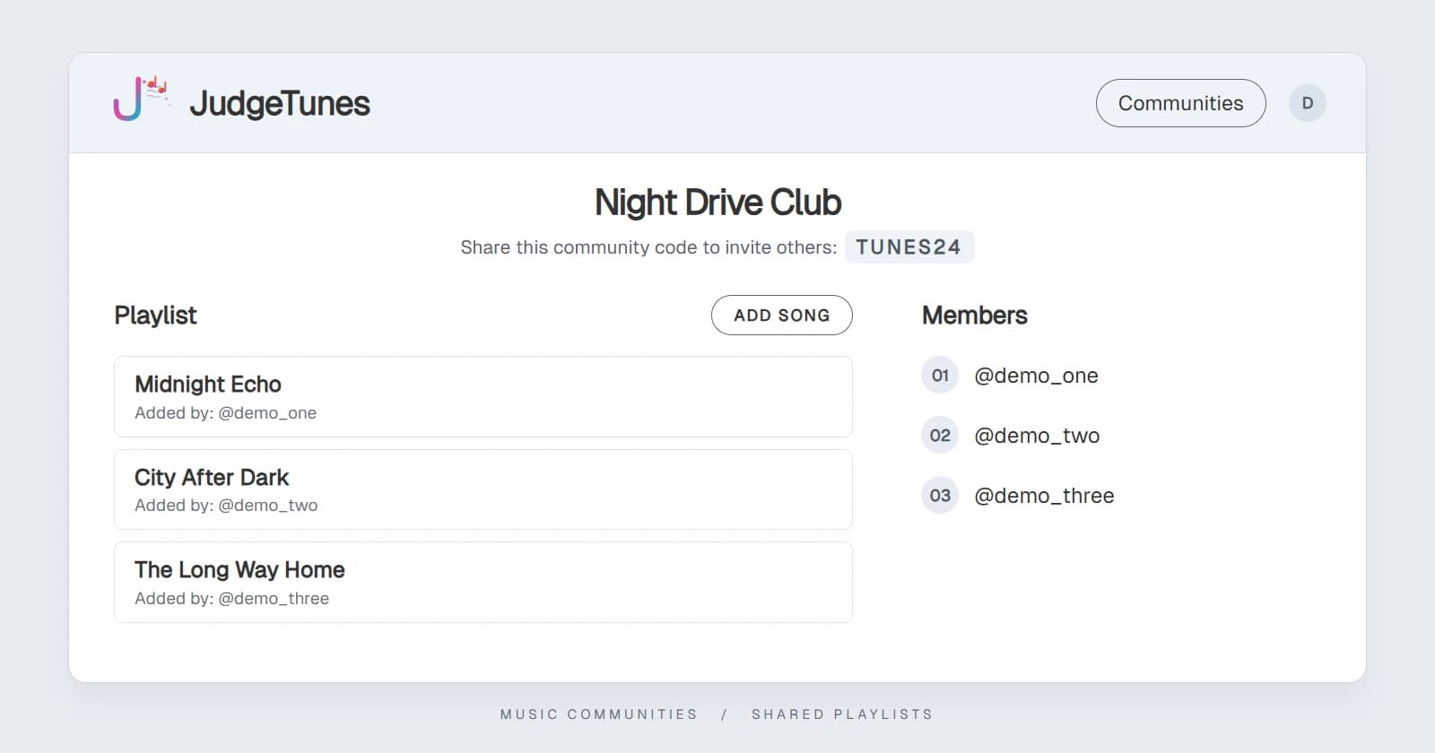 JudgeTunes community and shared playlist preview